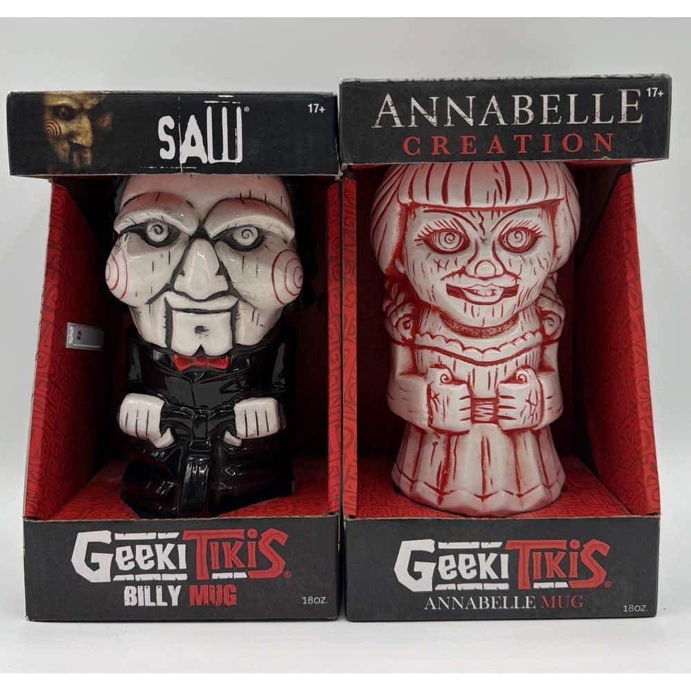 Geeki Tikis Billy The Puppet Saw & Annabelle Ceramic Tiki Mugs. New in Box.